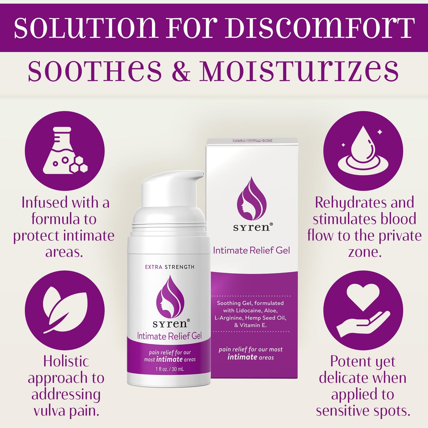 Syren Intimate Relief Gel with 4% Lidocaine for External Sensitivity, vulvodynia, dyspareunia, Vaginal discomfort, Dryness, Gentle Postpartum and Post-Procedure Support, 1.0 oz, Made in USA