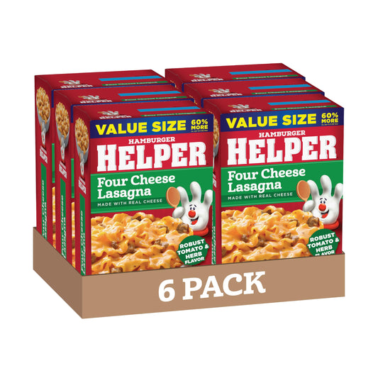 Hamburger Helper Four Cheese Lasagna Value Size Pasta Meal (8.8 oz - 6 Pack) No Artificial Flavors, Ready in 3 Easy Steps, Quick Meals for Midweek Dinners, Busy Evenings & Families On-the-Go