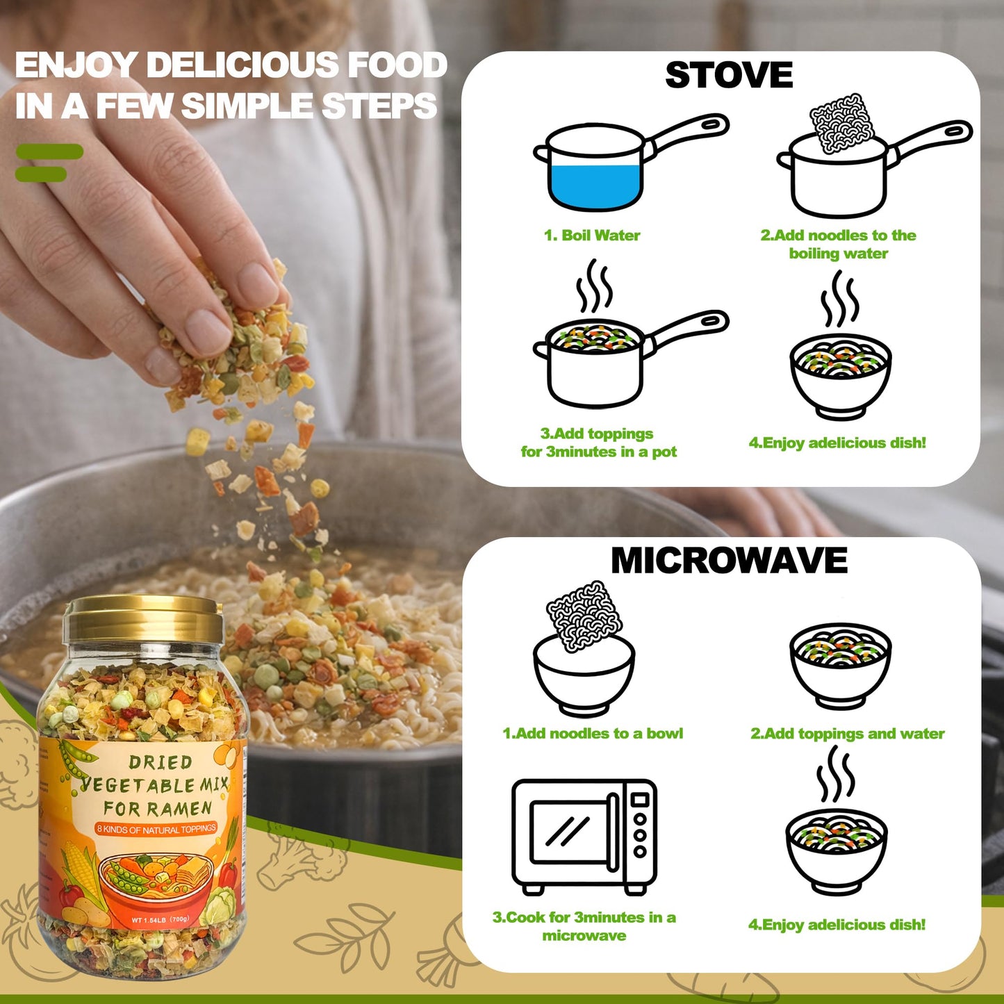 24Oz Mixed Ramen Toppings Dehydrated Soup, 700g All Natural Vegetable, 8 Freeze Dried Veggies for Noodles & Miso Soups, Camping, and Emergency Food,Plant-Based Dry Vegetable Flakes, No Additives- Clean Label,Vegan, Quick Prep