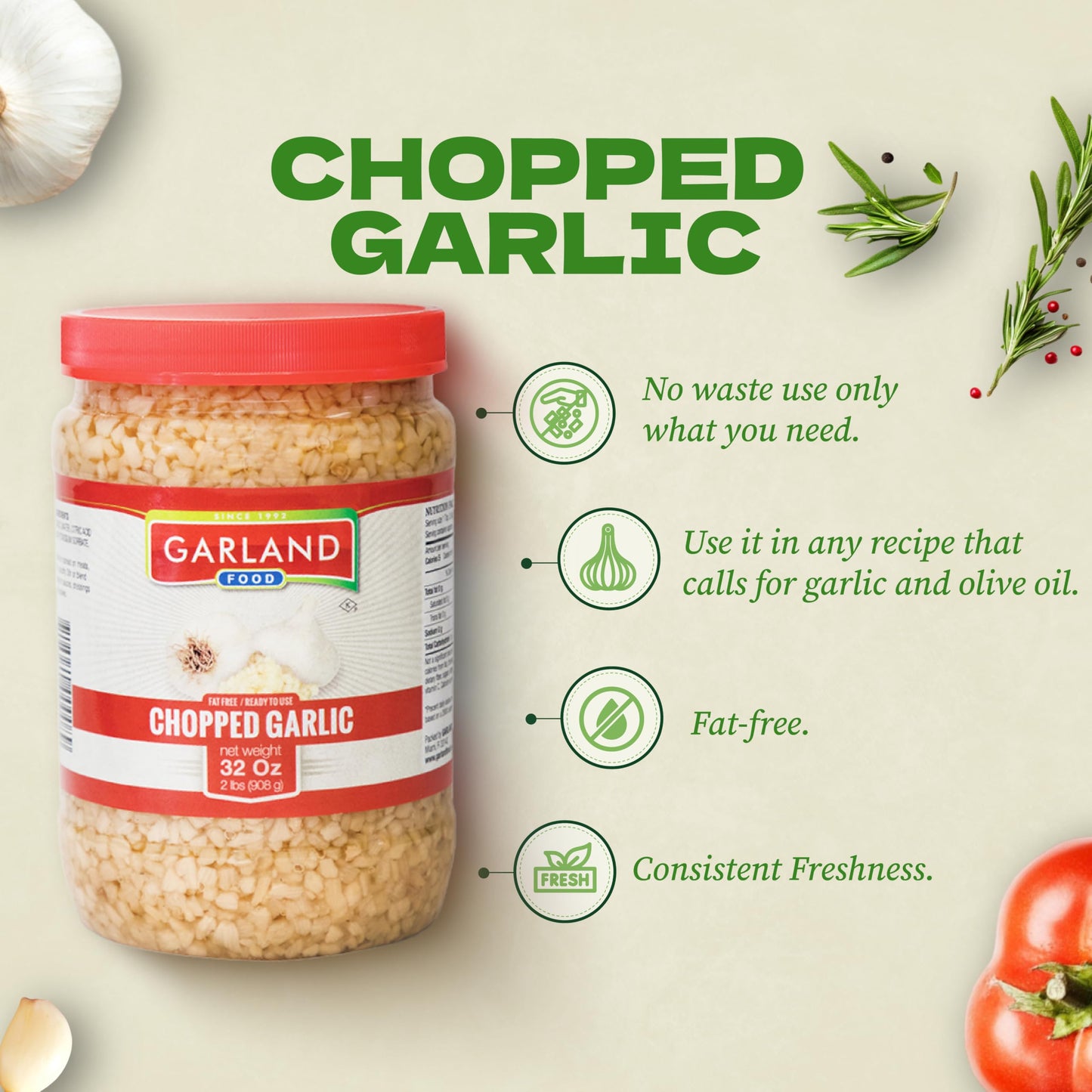 Garland Food Chopped Garlic in Jar - Convenient Garlic Chopped in Water for Cooking, Time-Saving Prep & Seasoned Dishes - Made in the USA (32 oz)