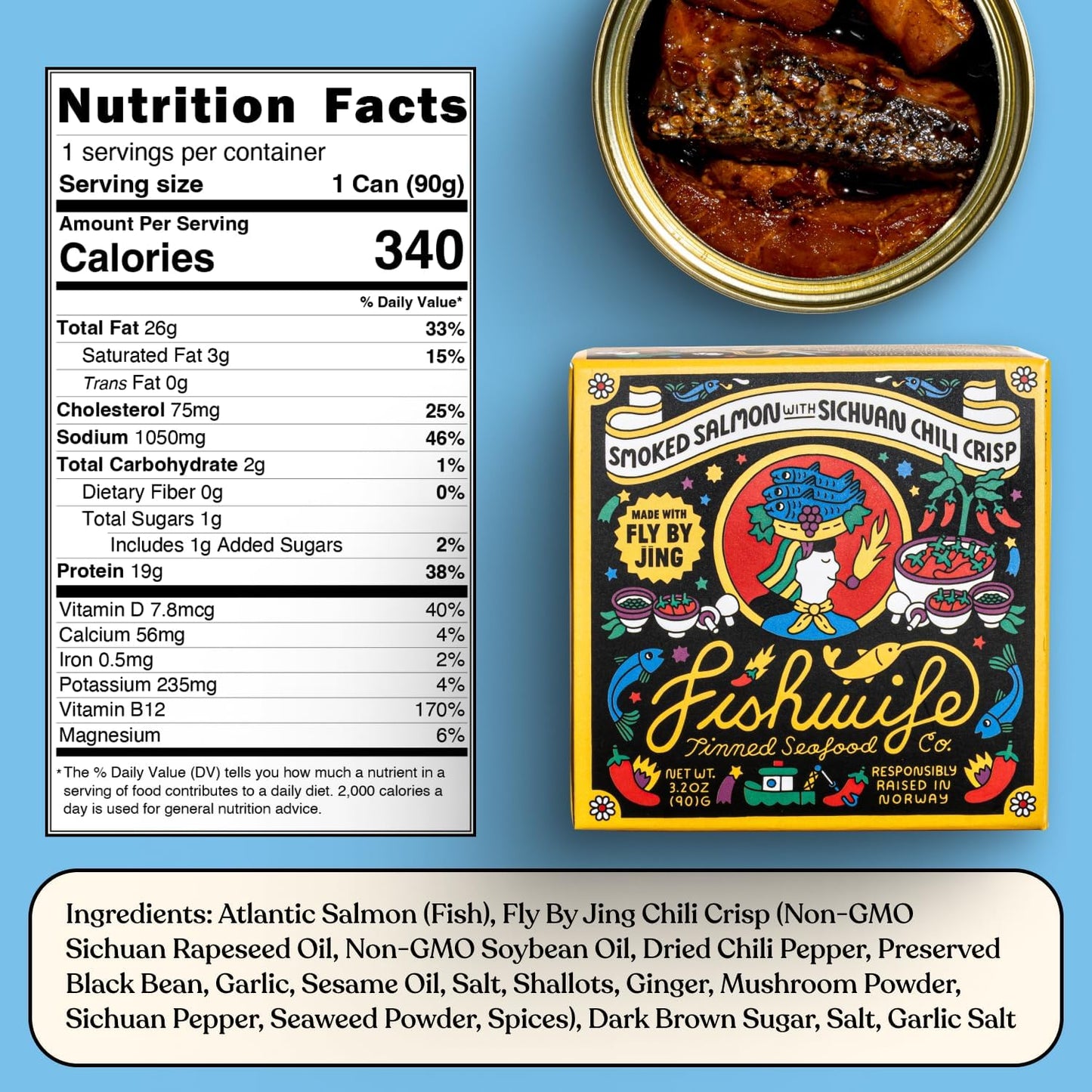 Fishwife Smoked Salmon with Fly by Jing Sichuan Chili Crisp 3-Pack (3.2 Ounce) | Gluten Free, High Protein, Paleo Friendly, Omega-3s | Hand-Packed with Sichuan Chili Sauce
