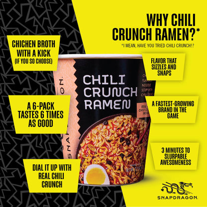 Snapdragon Chili Crunch Ramen Cup Noodles - 6 Pack Instant Ramen Bowl with Authentic Wheat Noodles, Soup Sauce Base, Vege Pack and Chili Crunch Oil. Microwave or Hot Water, Easy Meal Prep