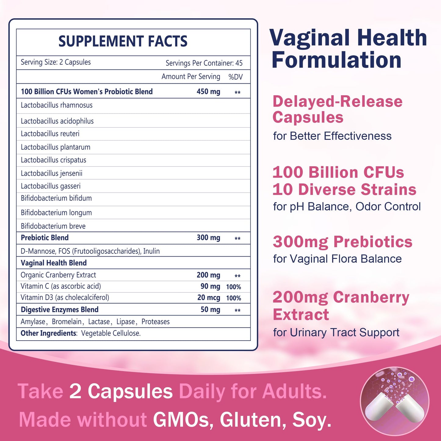 NATURE TARGET Vaginal Womens Probiotics, 100 Billion CFUs Probiotics & Prebiotics with Digestive Enzymes, Cranberry & D-Mannose - Supports pH Balance, Odor & Urinary Tract Health - 90 Capsules