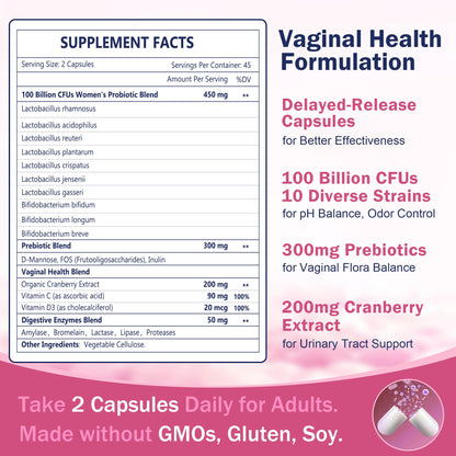NATURE TARGET Vaginal Womens Probiotics, 100 Billion CFUs Probiotics & Prebiotics with Digestive Enzymes, Cranberry & D-Mannose - Supports pH Balance, Odor & Urinary Tract Health - 90 Capsules