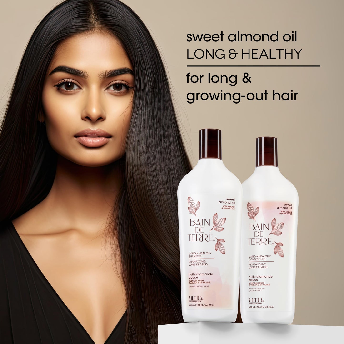 Bain de Terre Sweet Almond Oil Long & Healthy Shampoo, Strength & Protection for Weak, Damaged Hair, with Argan & Monoi Oils, Paraben-Free, Color-Safe, Vegan