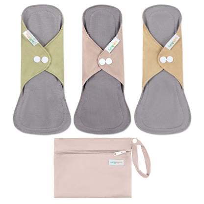 Langsprit Cotton Reusable Period Pads for Women, Washable Pads Menstrual, Regular Absorbency Cotton Cloth Menstrual Pads 3pcs Set with Mini Wet Bag, Suitable for Menstrual Period