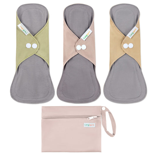 Langsprit Cotton Reusable Period Pads for Women, Washable Pads Menstrual, Regular Absorbency Cotton Cloth Menstrual Pads 3pcs Set with Mini Wet Bag, Suitable for Menstrual Period
