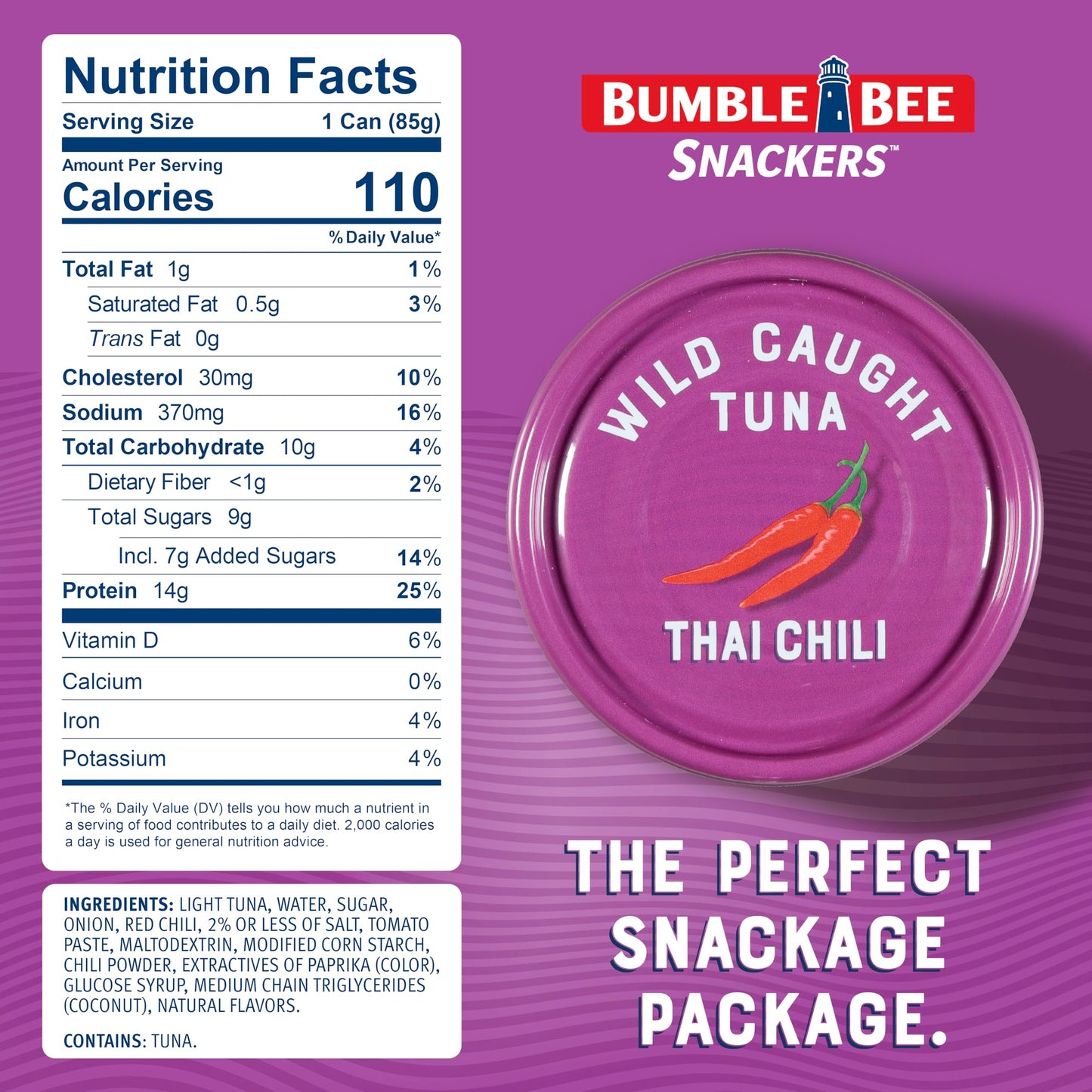 Bumble Bee Snackers Thai Chili - 14g Protein per Serving - No Draining, Ready to Eat - Wild Caught Skipjack Chunk Light Tuna for Snack, Salad, Korean Tuna Bowl - 3 oz Easy Open Can (Pack of 1)