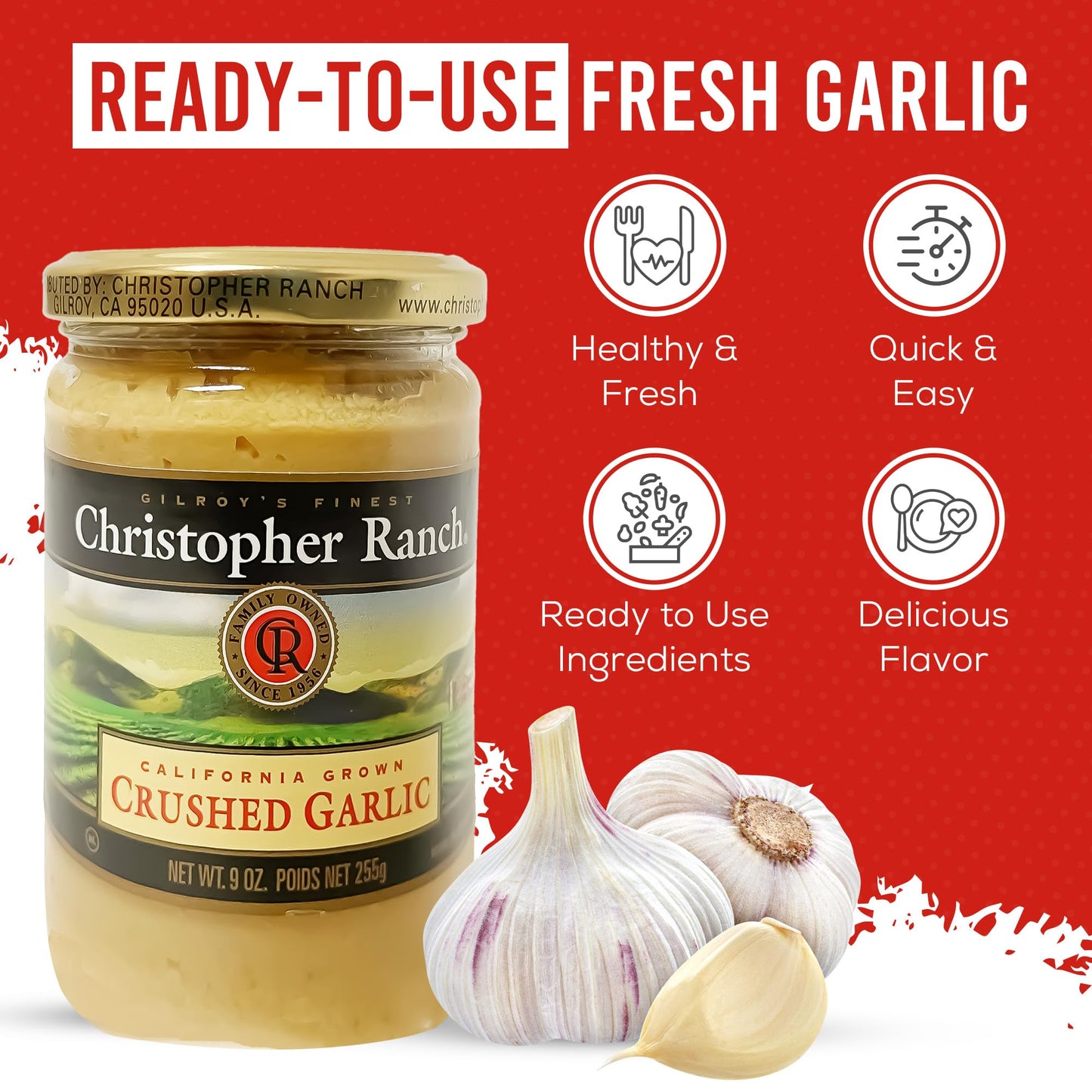 Christopher Ranch Crushed Garlic in Olive Oil | Heirloom California Garlic | Smooth Creamy Texture | Ready-to-Use, Premium Quality, Gluten-Free | Vegan-Friendly | 9 Oz / 255g Jar (Pack of 1)