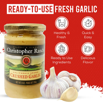 Christopher Ranch Crushed Garlic in Olive Oil | Heirloom California Garlic | Smooth Creamy Texture | Ready-to-Use, Premium Quality, Gluten-Free | Vegan-Friendly | 9 Oz / 255g Jar (Pack of 1)