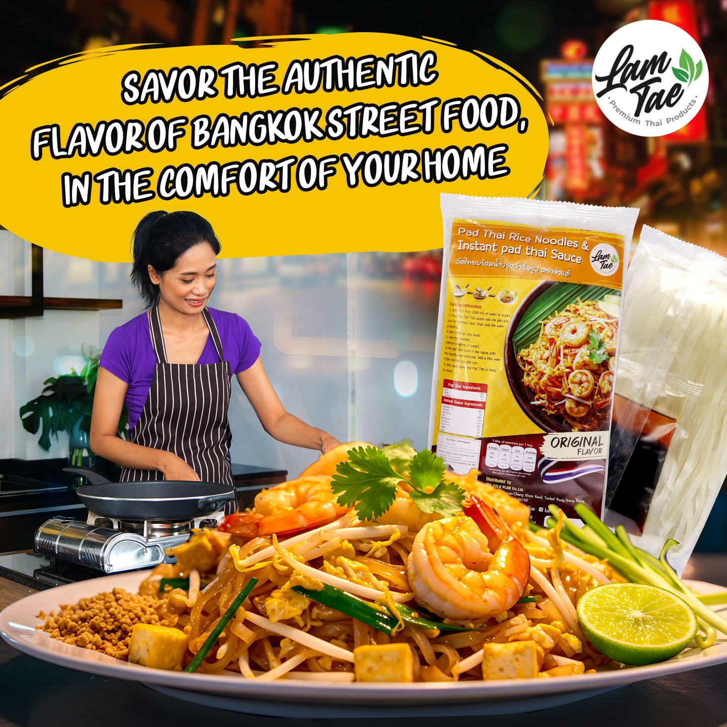 Lam Tae Pad Thai Meal Kit – Thai Rice Noodles with Instant Pad Thai Sauce – Authentic Stir-Fry Flavor – Ready-to-Cook Asian Meal – Available in Pack of 1, 3, or 6 – 200g Each (7.05 Ounce (Pack of 1), 6, Count)
