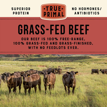True Primal Grass-fed Beef Mini Meatballs 8-pack. Ready to eat. 1/4 lb fully cooked beef per pouch. Gluten free. Grain free. Paleo. Keto. Carnivore. Organic. Whole30. AIP.