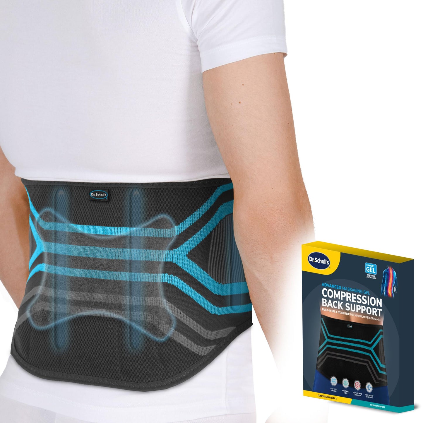 Dr. Scholl's Compression Back Support with Massaging Gel, Breathable Fabric, Shock-Absorbing Back Brace with Lumbar Support, Built-in Gel Padding & Support (Size S/M) (L/XL)