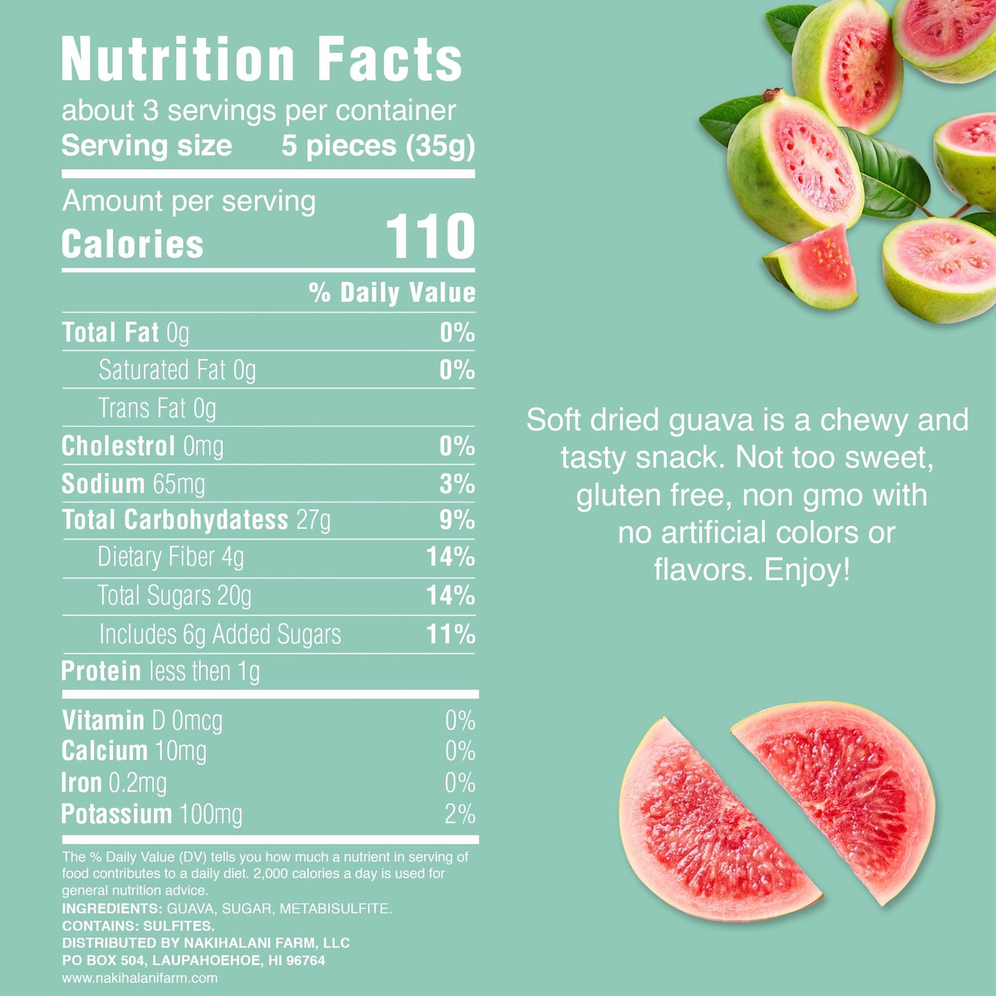 Nakihalani Farm Dried Fruits Snacks Guava 3.5 oz - Soft Chewy, Healthy Dried Fruit for Adults & Kids - Organic non-GMO, gluten free, & low calorie - Sugar Free Snacks in a resealable bag