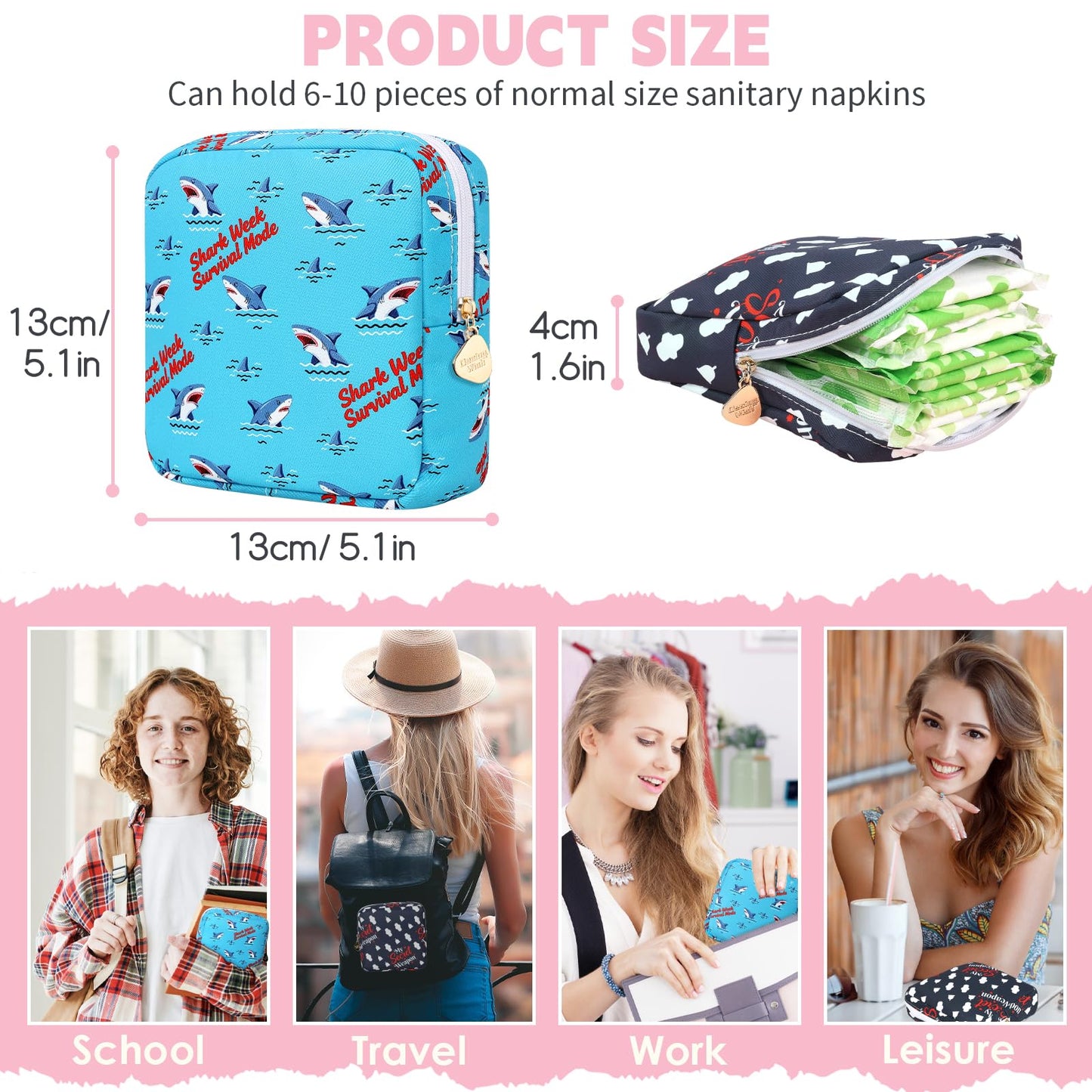 Desing Wish Sanitary Pad Storage Bag Portable Period Bag for Teen Pads/Sanitary Napkins/Small Tampons, Sanitary Napkin Storage Bag First Period Gifts for Teen Girls (Shark Week)