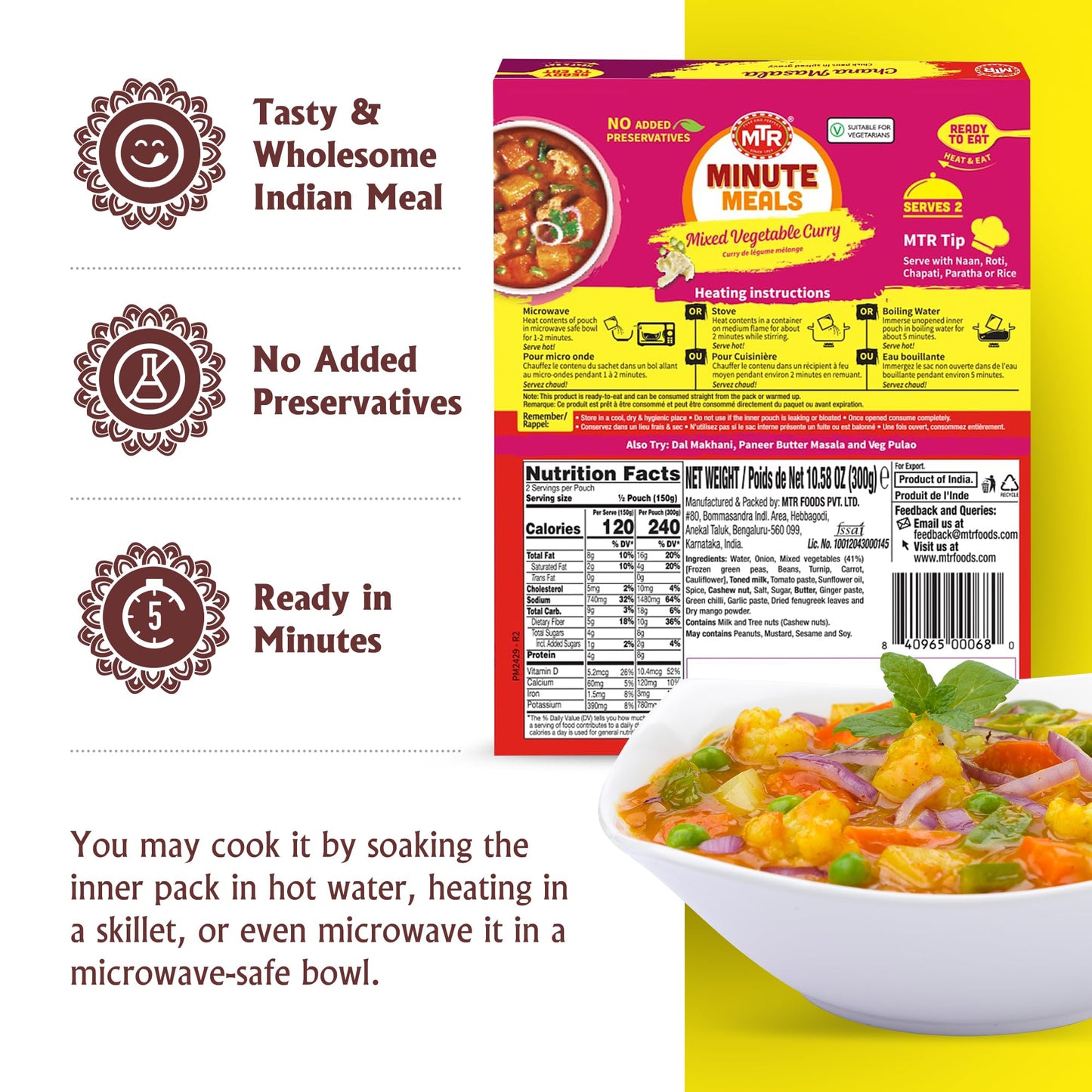 MTR - Minute Meals: Flavorful Mixed Vegetable Curry - Authentic Indian Ready-to-Eat Meal with No Added Preservatives - A Quick Meal Suitable for Vegetarians, Ready in Minutes! (Pack of 6)