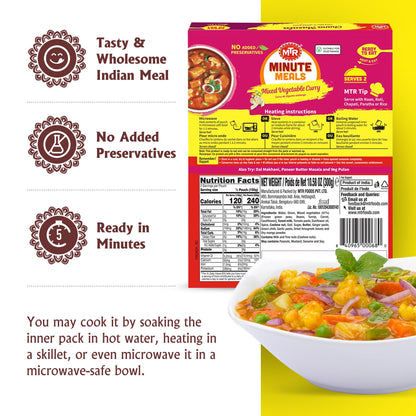 MTR - Minute Meals: Flavorful Mixed Vegetable Curry - Authentic Indian Ready-to-Eat Meal with No Added Preservatives - A Quick Meal Suitable for Vegetarians, Ready in Minutes! (Pack of 6)