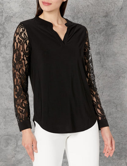 Kasper Women's Split Neck Top W/Combo SLV-Black