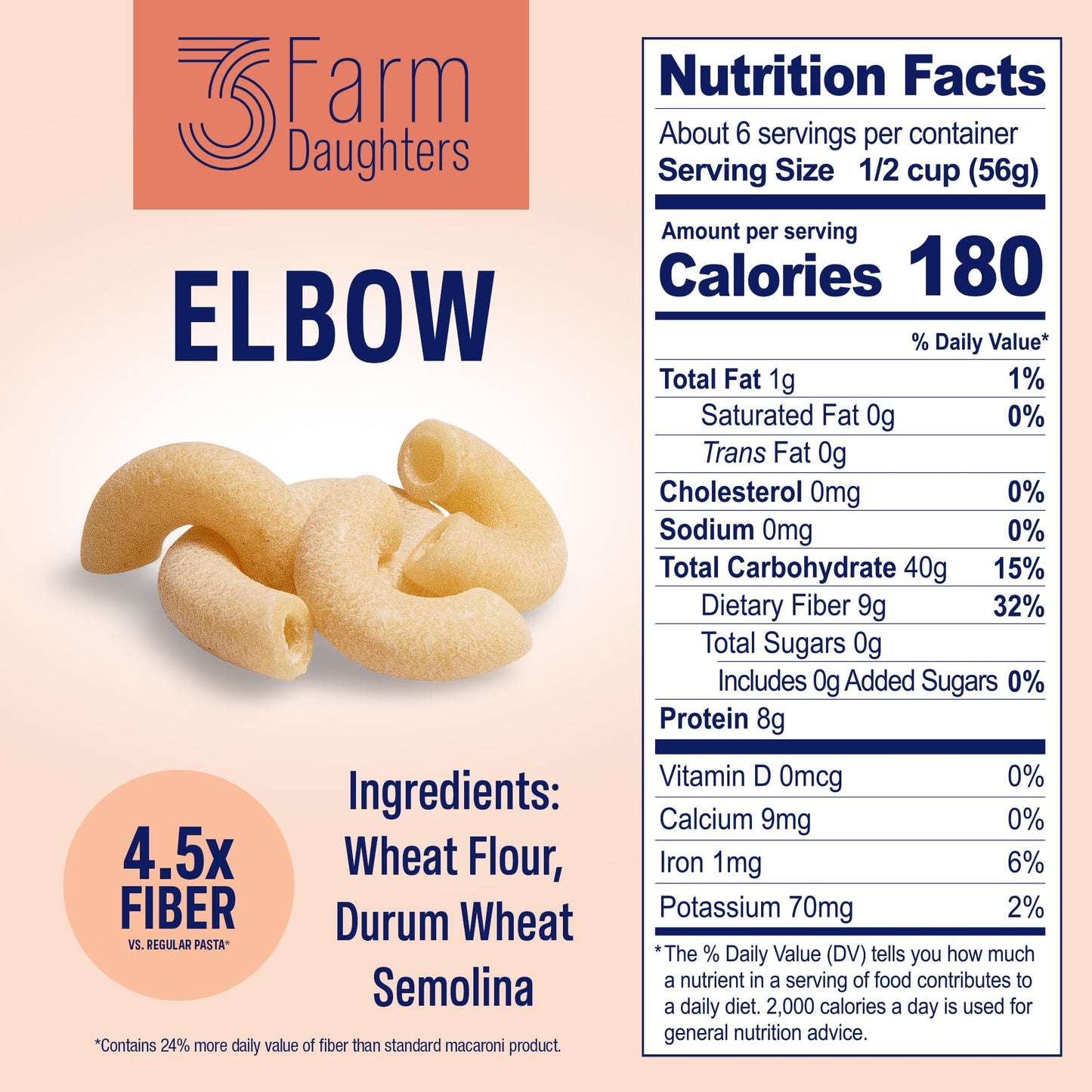 Three Farm Daughters High Fiber Elbow Macaroni Pasta Pack, Low GI, Non GMO Elbow Pasta Noodles, Low Net Carb, Made in the USA, 12 oz. (2 Pack)