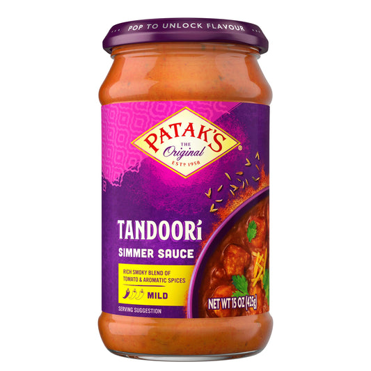 Patak’s Tandoori Simmer Sauce - Mild & Creamy Tomato-Based Curry Sauce with Ginger, Garlic & Aromatic Spices - Gluten-Free & Vegetarian Indian Simmer Sauce - Ready in Minutes - 15oz Jar (Pack of 3)