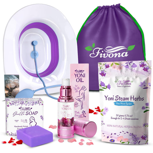 FIVONA Yoni Care Kit 6 in 1 - pH Balanced Natural Yoni Oil, Herbal Soap Bar for Feminine Wash, Detox V Steam Herbs Blue Moon, Foldable Sitz Bath Steam Pot, Hand Flusher and Drawstring Storage Bag