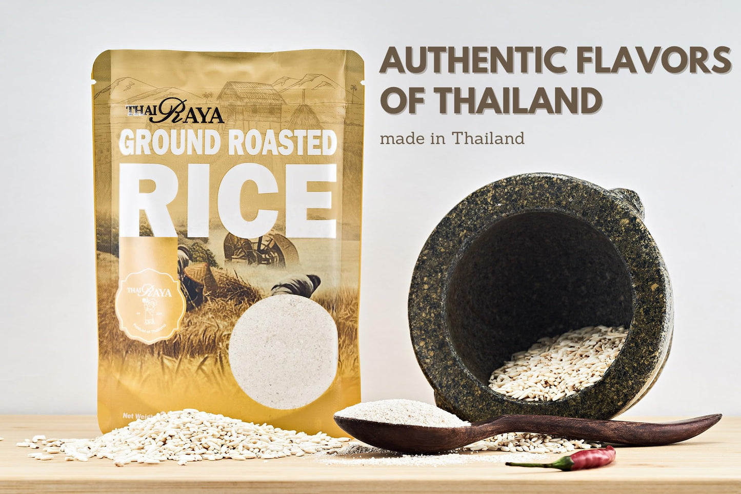 ThaiRaya Ground Roasted Rice (Khao kua), 250 grams, 8.8 oz Thai food ingredient Laab Namtok zip lock bag easy to store