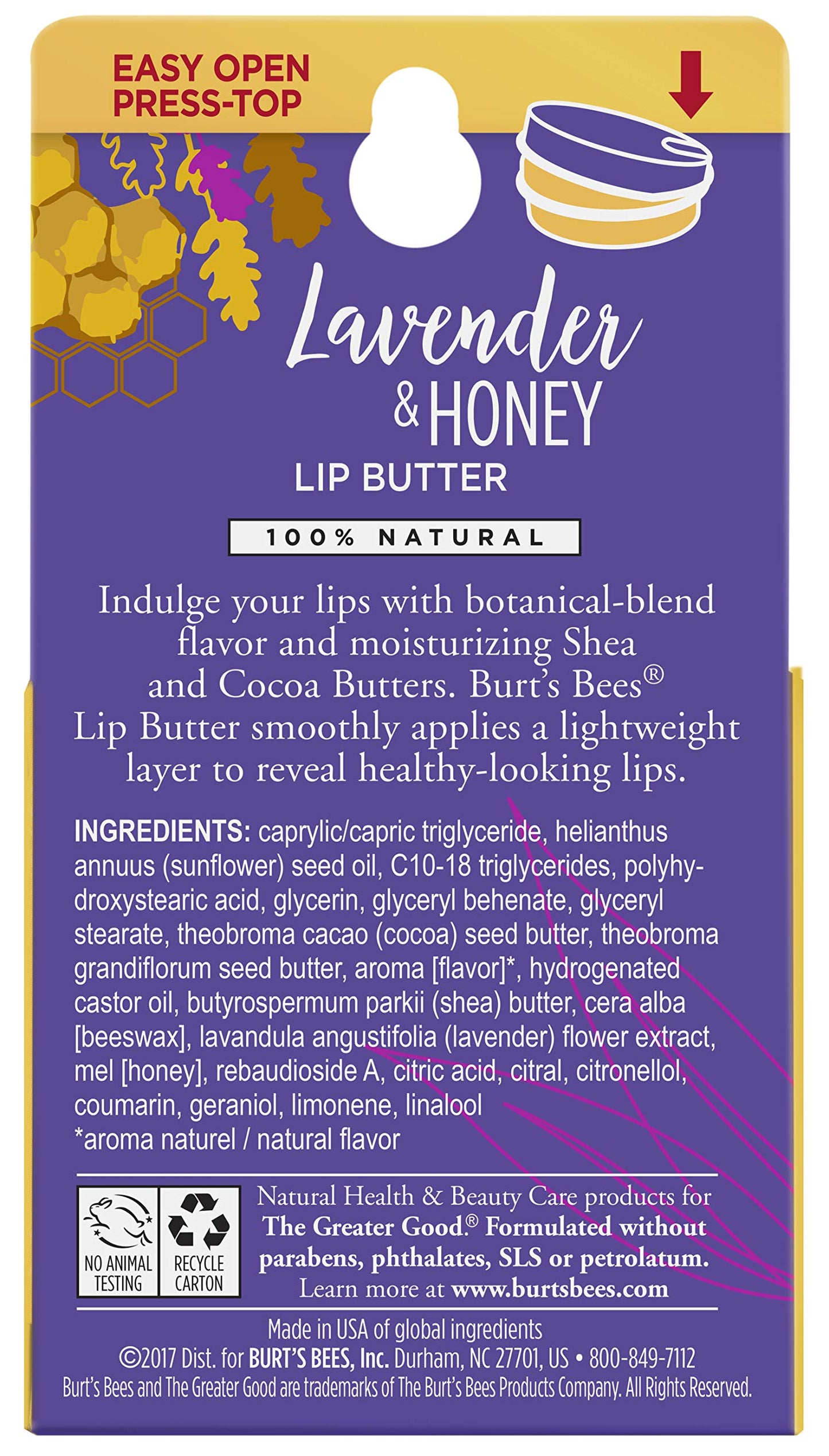 Burt's Bees 100% Natural Origin Lip Butter With Moisturizing Shea And Cocoa Butters, Lavender & Honey, 1 Tin