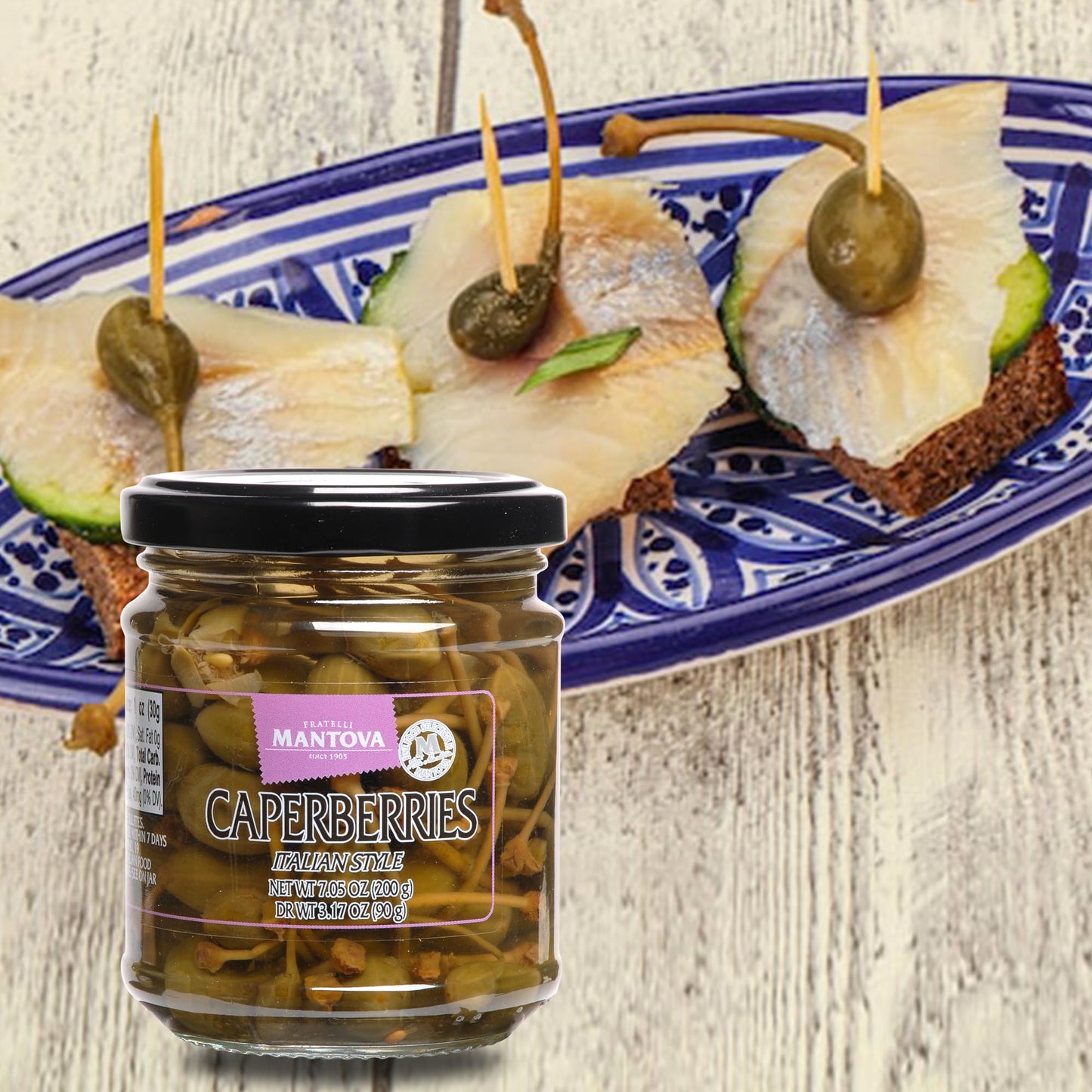 Mantova Caperberries in a Vinegar Mild Brine, 7.05 oz. (Pack of 2), Product of Italy, All-Natural, Caper Bush Fruit, Non-GMO, Gluten-Free, Cholesterol-Free, Vegan-Friendly, Paleo-Friendly