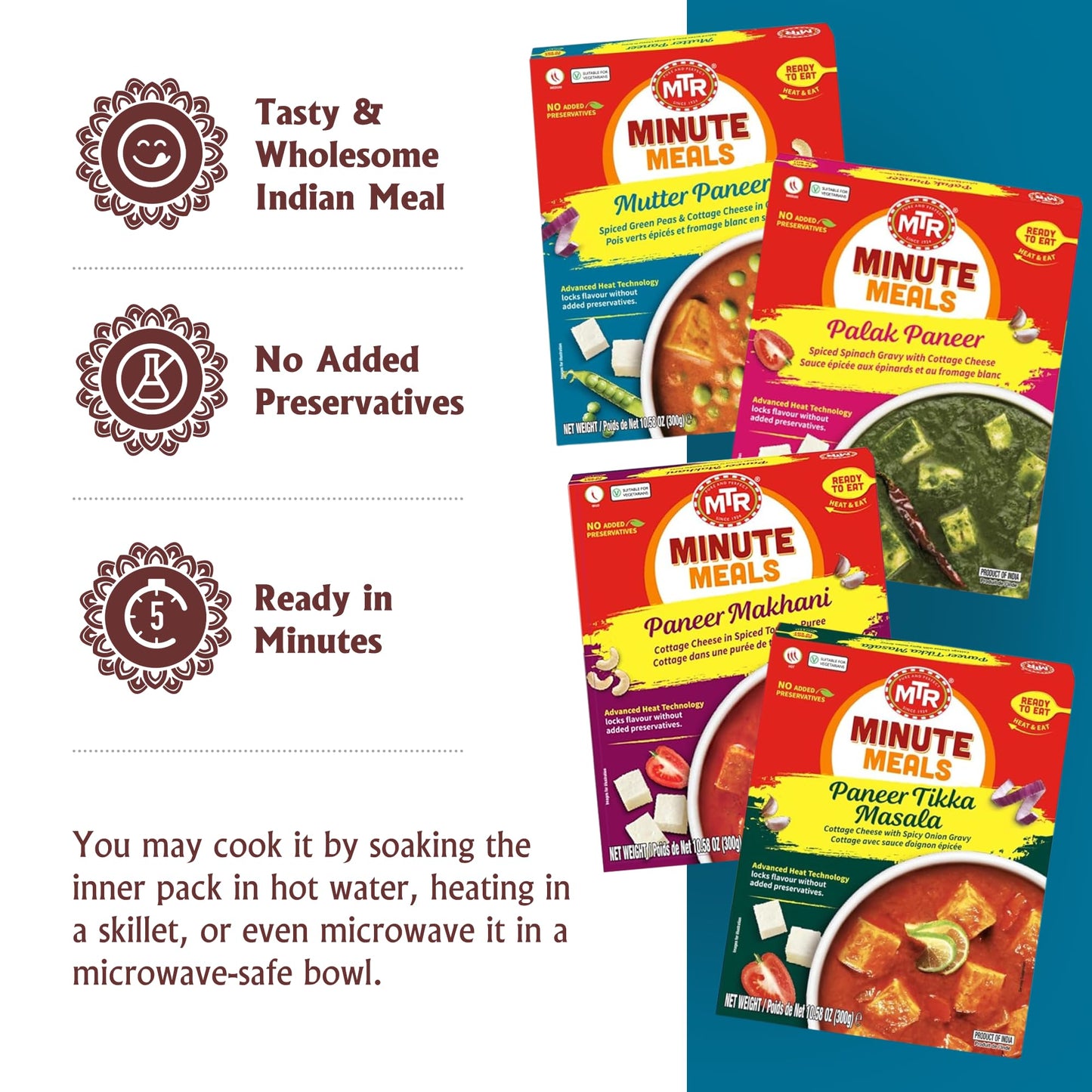 MTR Ready-To-Eat: Exotic Paneer Mix - Assorted Pack of 4 (Mutter Paneer, Palak Paneer, Paneer Makhani, Paneer Tikka Masala) - Authentic Indian Food with No Added Preservatives - Suitable for Vegetarians
