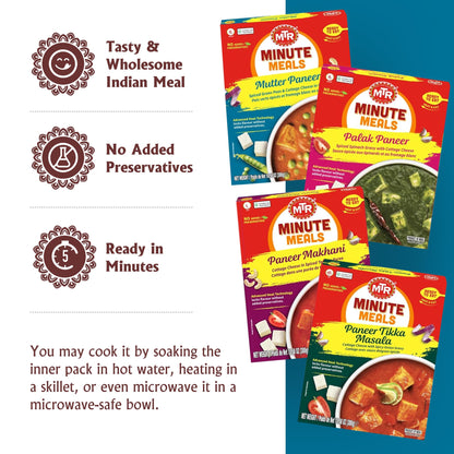 MTR Ready-To-Eat: Exotic Paneer Mix - Assorted Pack of 4 (Mutter Paneer, Palak Paneer, Paneer Makhani, Paneer Tikka Masala) - Authentic Indian Food with No Added Preservatives - Suitable for Vegetarians