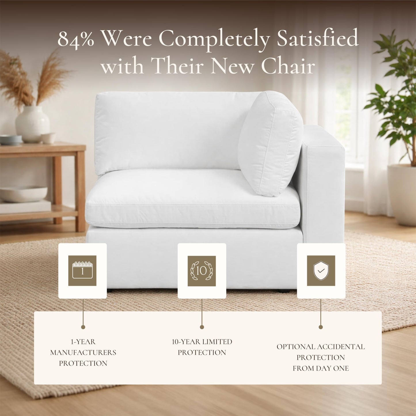 Poly & BARK Vari Modular Right Facing Corner Seat with Arm Cushion in Cotton White Performance Fabric with Water Repellent Washable Covers Plush Comfort for Custom Sectional Sofa Layouts