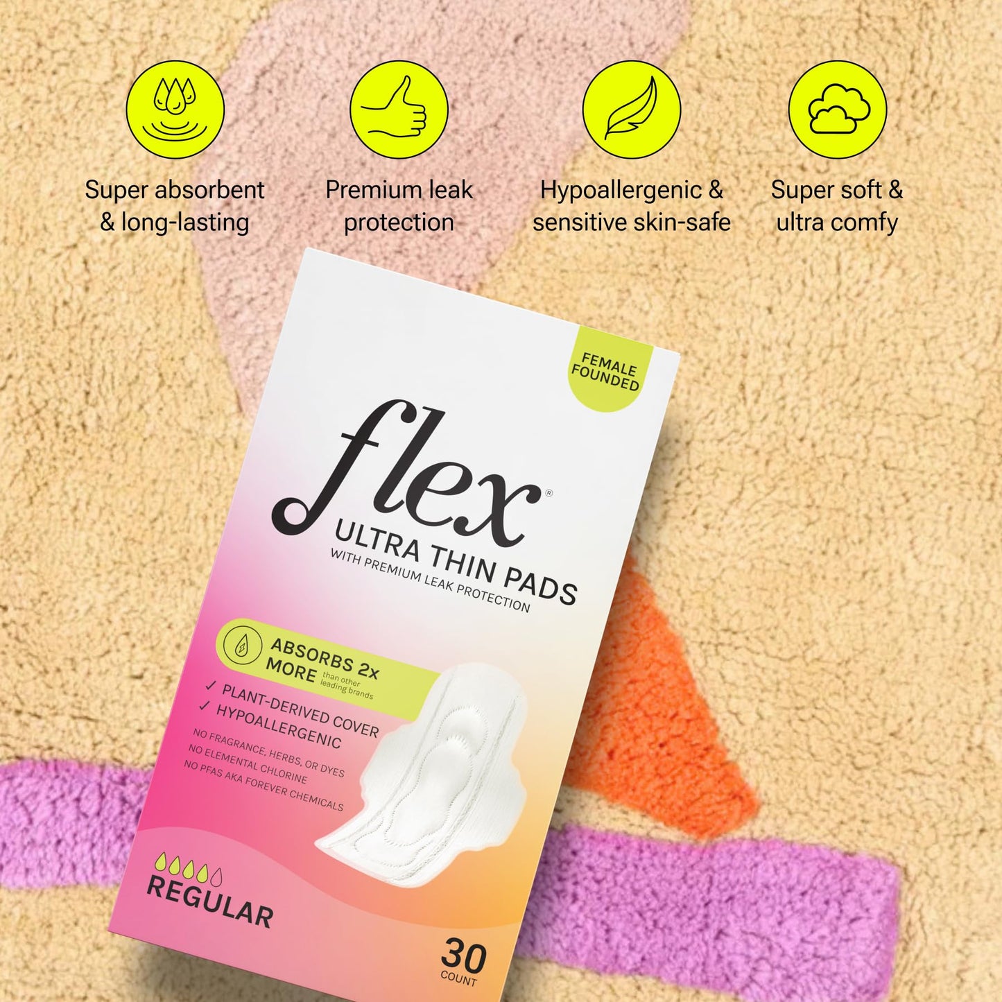 Flex Ultra Thin Pads | Ultra Thin with Wings | Fragrance-Free Sanitary Napkins | Super Absorbent & Comfortable Feminine Pads | Unscented (2-Pack, 60 Pad)