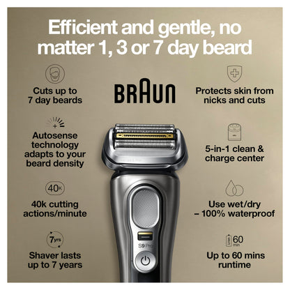 Braun Electric Razor for Men, Series 9 Pro 9465cc Wet & Dry Electric Foil Shaver with ProLift Beard Trimmer, Cleaning & Charging SmartCare Center, Head Shavers for Bald Men, Noble Metal