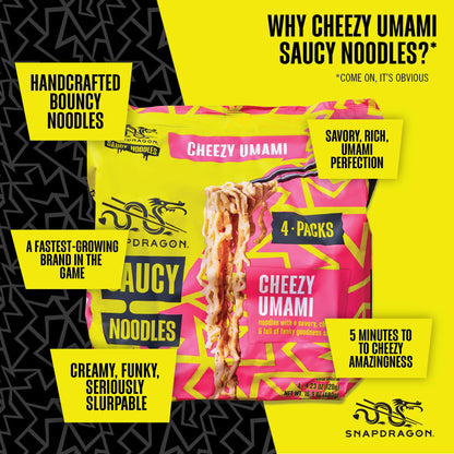 Snapdragon Saucy Instant Noodles with Cheezy Umami, Savory Slurpable Sauce - Quick Meal, Snack, and Lunch. 4-Pack Microwave Noodles for Cup, Bowl, Cheddar Cheese Ramen or Asian Stir Fry