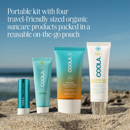 COOLA Organic Sunscreen and Lip Balm SPF 30 Sun Essentials Kit, Dermatologist Tested and TSA Approved, Vegan and Gluten Free, 4 Items Total