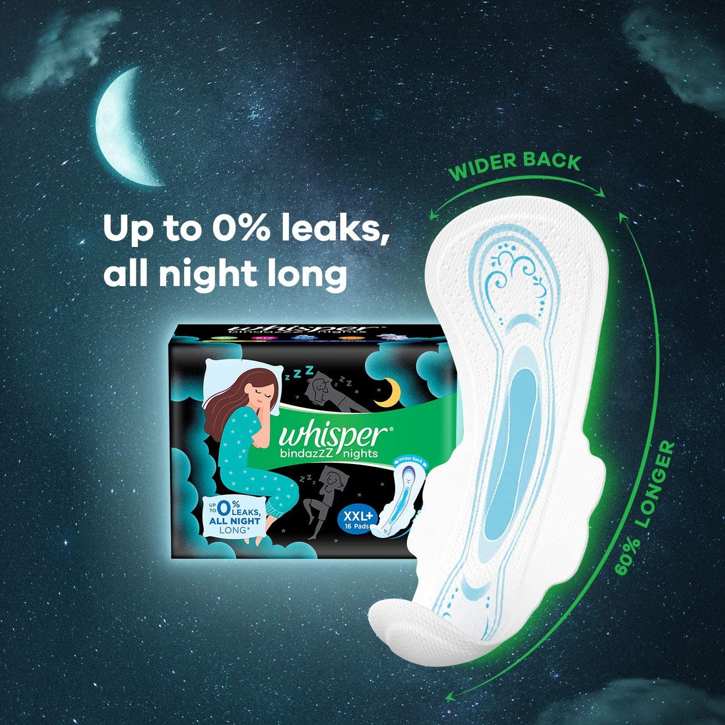 Whisper Bindazzz Nights Sanitary Pads, 40 Xl+ Pads, Upto 0% Leaks All Night Long, For Heavy Flow, 40% Longer & Wider Back, Comfortable Cushiony Soft Wings, Disposable Wrapper