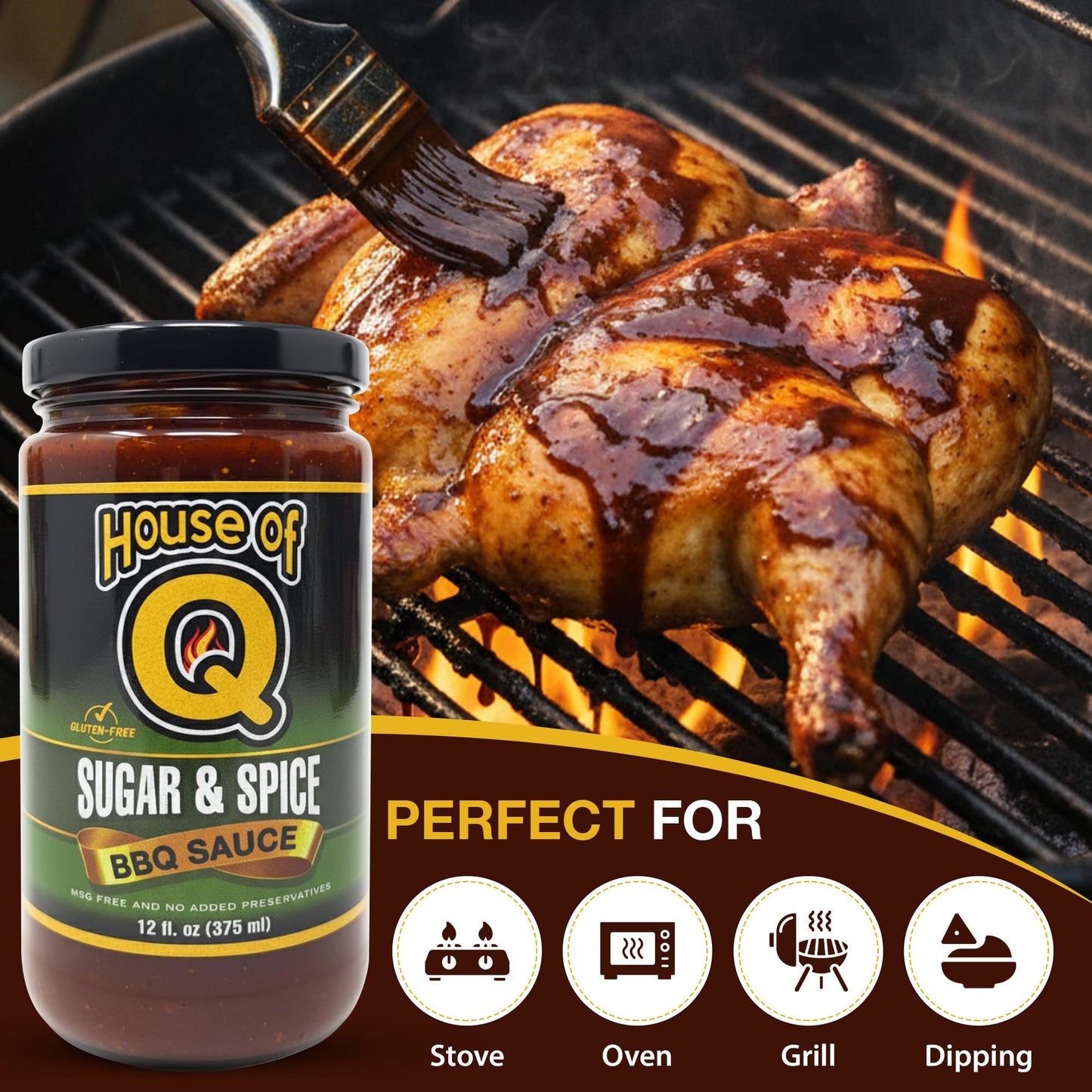 House of Q Sugar and Spice BBQ Sauce – Sweet & Spicy Barbecue Sauce with Brown Sugar, Cayenne & Pepper – Bold Gourmet Glaze for Chicken, Steaks & Burgers – Gluten Free, MSG Free, Preservative Free – 12 oz Jar