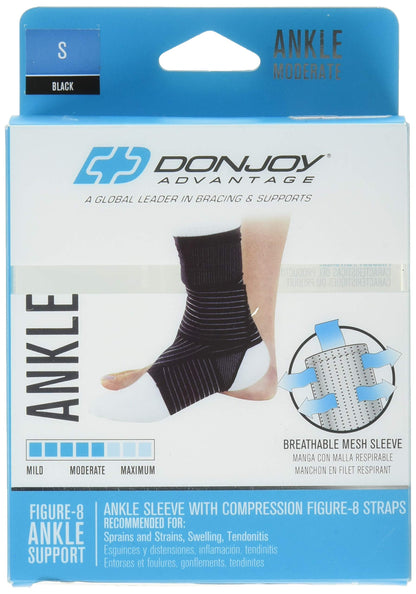 DonJoy Advantage Ankle Sleeve with Figure 8 Straps for Sprains, Strains, Swelling, Tendonitis - Mesh Compression Sleeve with Medial, Lateral Support - Open Heel, Black, Small fits 7.75" - 8.5"