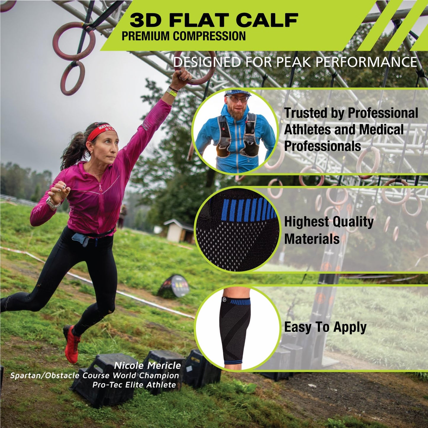 Pro-Tec Athletics 3D Flat Premium Calf Sleeve, Medical Grade Compression with 3D Shaping for Customized Fit, Targeted Muscle Support, Breathable Stretch Fabric allows Full Range of Motion, Large