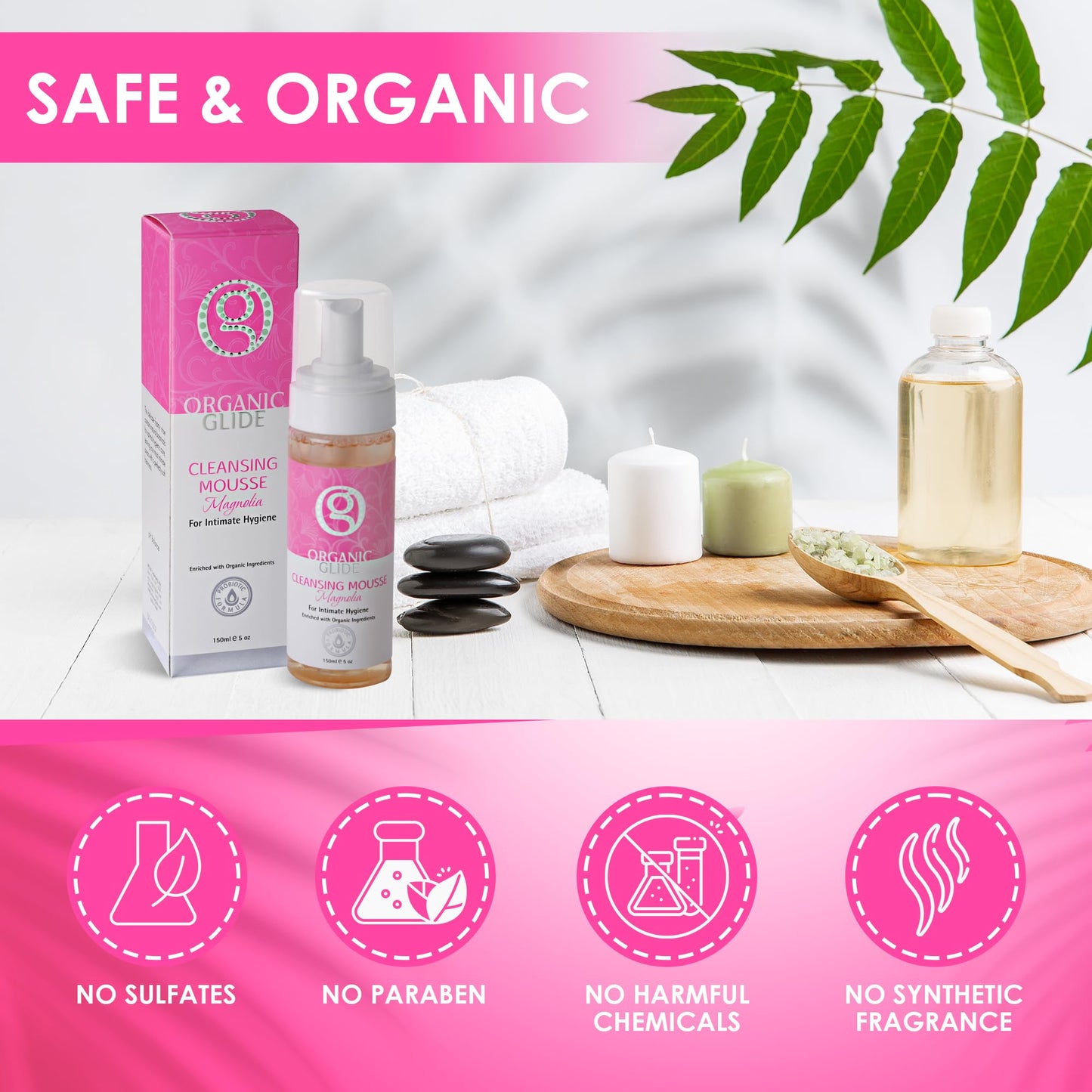 Organic Glide Feminine Body Wash 5 fl oz - Natural Cleansing Mousse with Unique Probiotic Support, pH Balanced, Gentle for Sensitive Skin & Intimate Areas, Refreshing Magnolia Scent (1-pack)