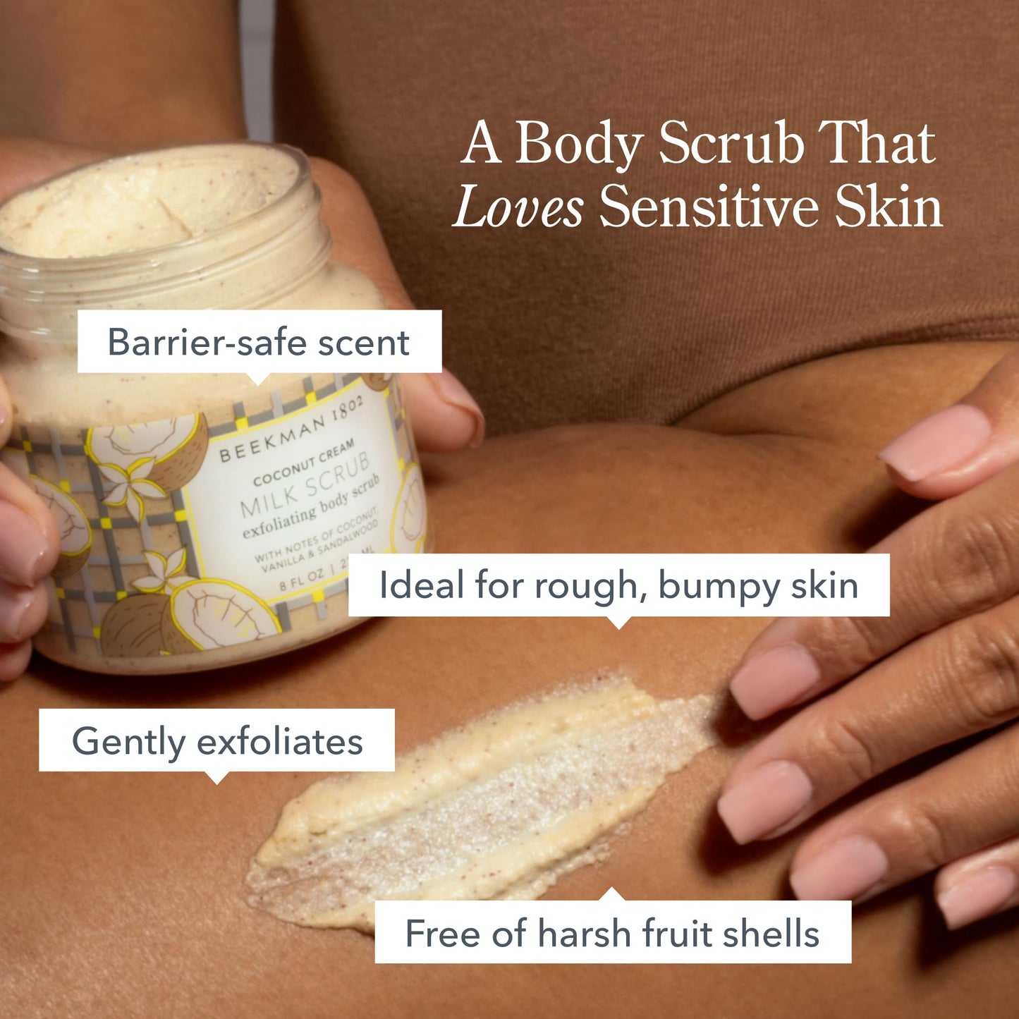 Beekman 1802 Coconut Cream Exfoliating Milk Body Scrub - 8.0 fl oz - Smooths Skin & Evens Out Tone - With Goat Milk & Jojoba Beads - Skin Barrier & Biome Safe - Good for Sensitive Skin - Cruelty Free