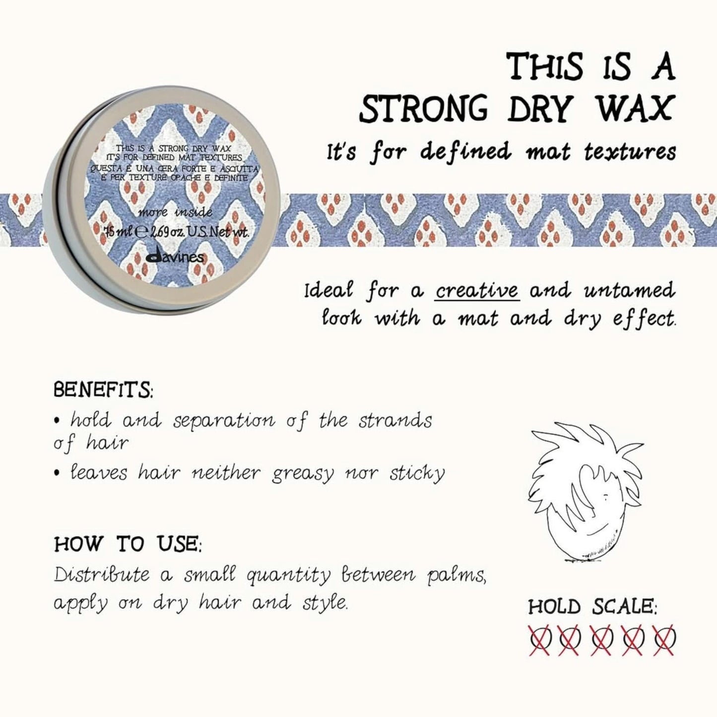 Davines This Is A Strong Dry Wax, Strong Hold Matte Texture - Dry Wax for Definition & Separation - Creates Rough & Messy Looks, 2.54 Fl Oz