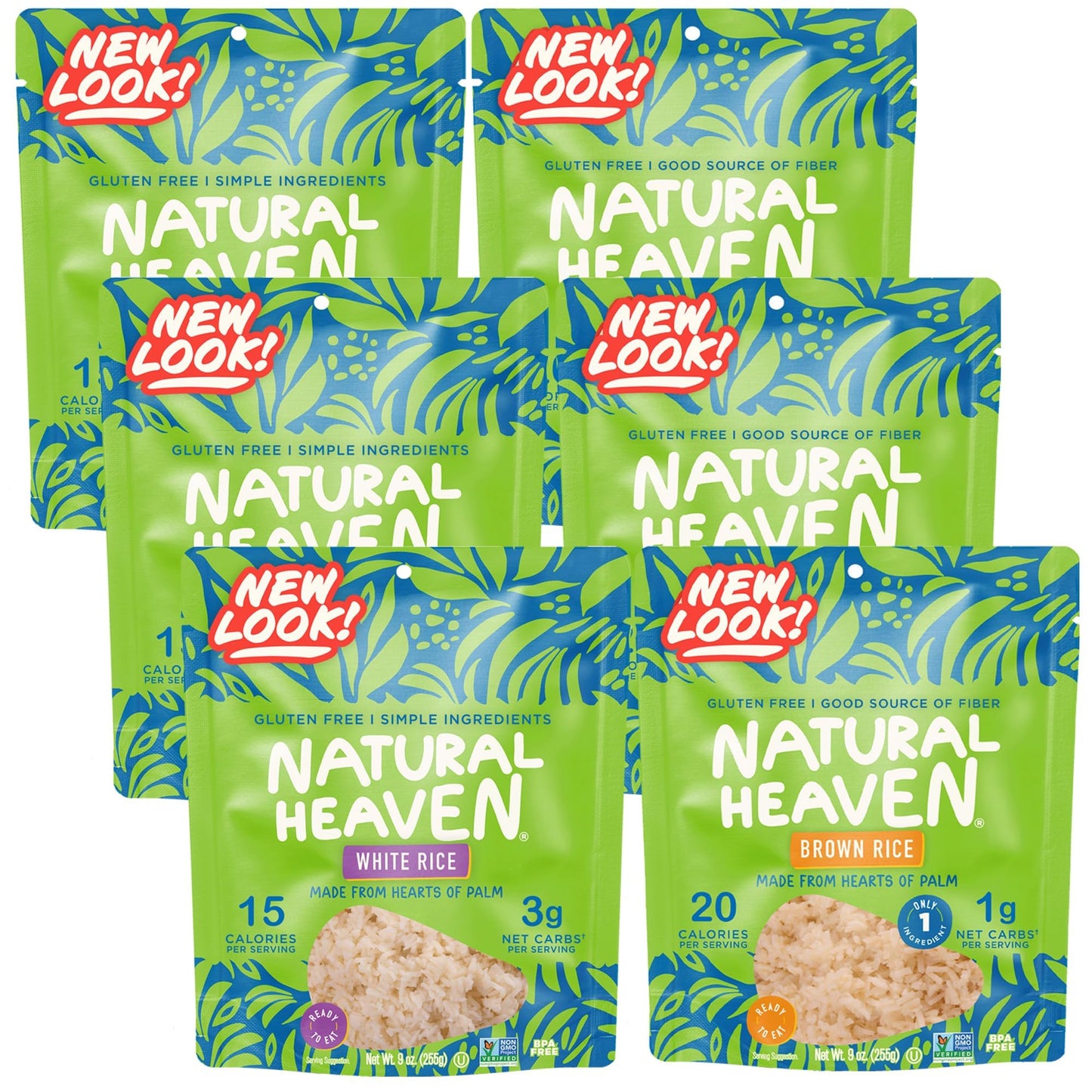 Natural Heaven White & Brown Rice, Hearts of Palm Variety 6-Pack – Naturally Rich in Potassium, Low-Calorie Veggie Rice, Keto & Gluten-Free Food, Vegan, 9 Oz