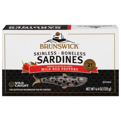 Brunswick Wild Caught Skinless and Boneless Sardines, Served in Olive Oil with Mild Red Peppers, 4.4 Oz