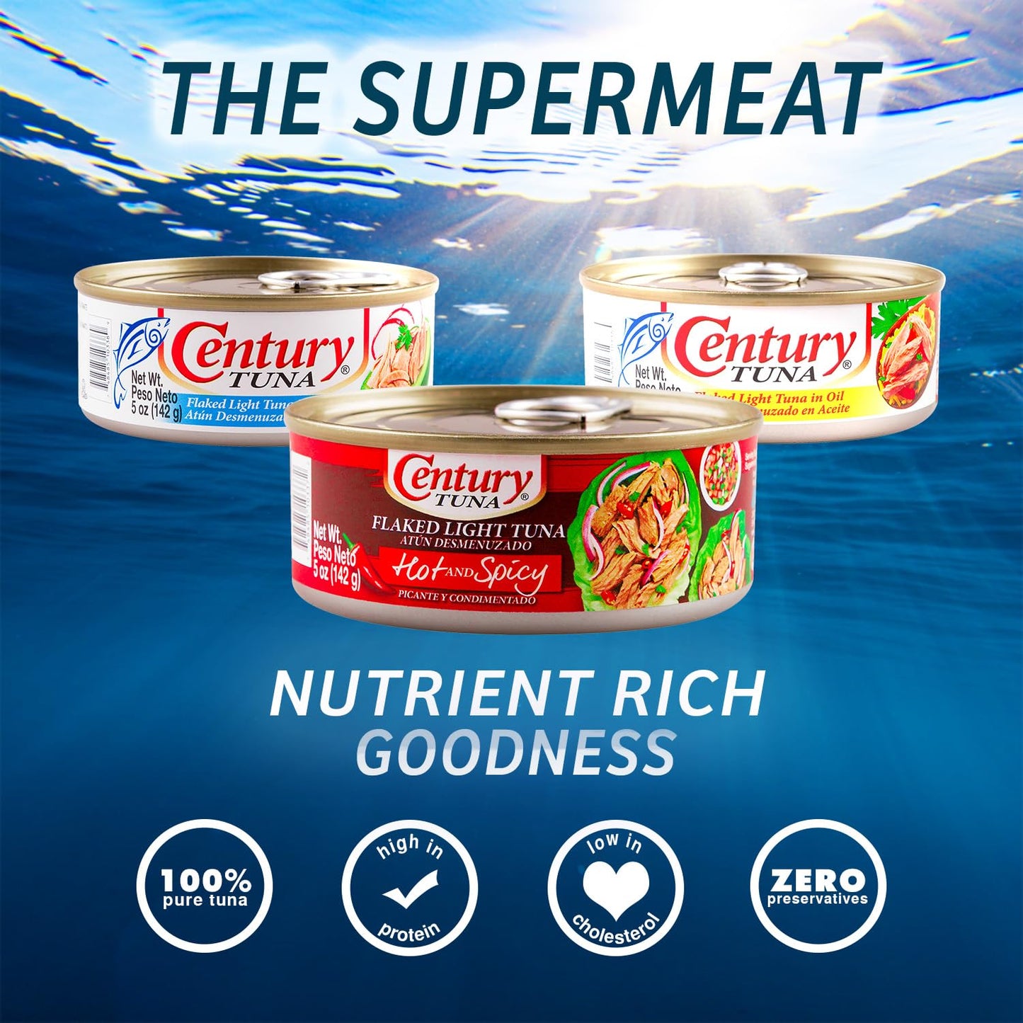 Century Tuna Hot & Spicy Flaked Light Tuna in Oil | High in Protein and Rich in Omega 3 DHA Canned Tuna, 5 oz (Pack of 6)