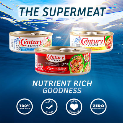 Century Tuna Hot & Spicy Flaked Light Tuna in Oil | High in Protein and Rich in Omega 3 DHA Canned Tuna, 5 oz (Pack of 6)