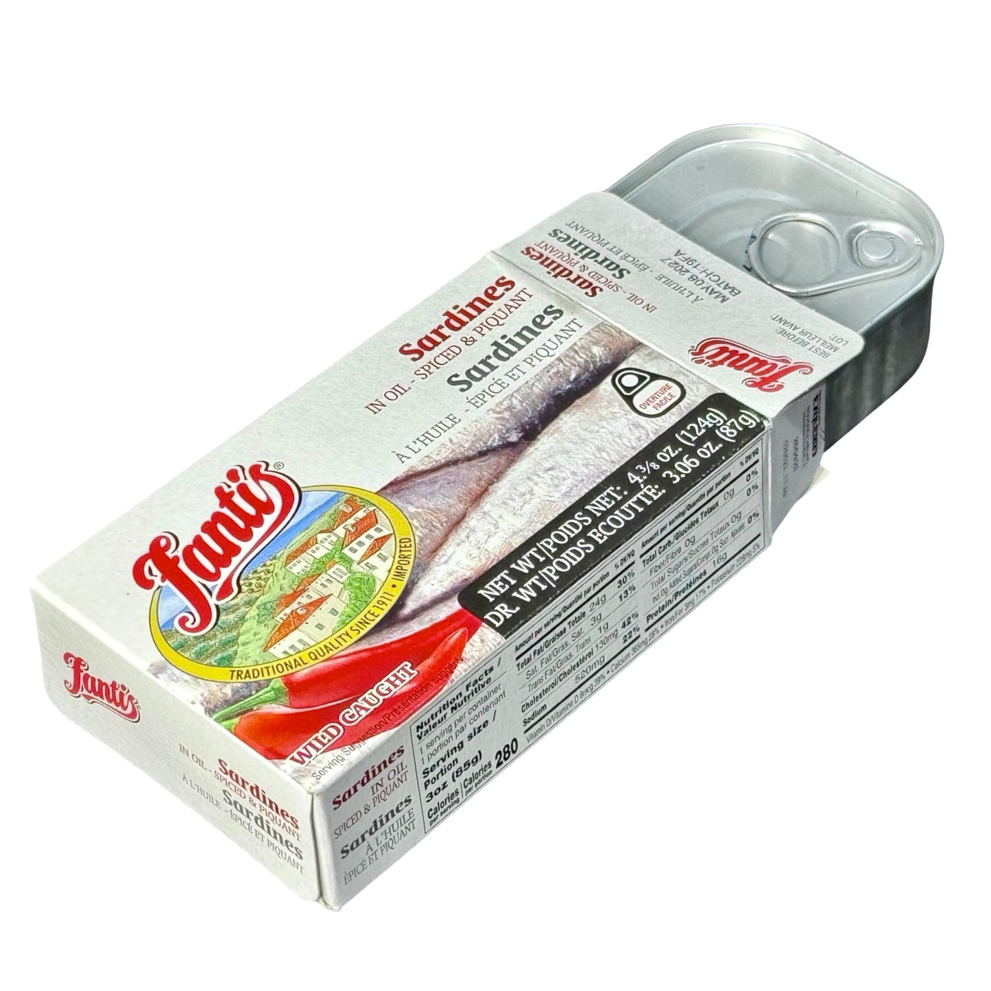 Fantis – Sardines in Oil – Spiced & Piquant Wild-Caught Sardines, from Spain, Keto-Friendly, Ready to Eat, High Protein Seafood Snack, 4.375 oz, Pack of 6