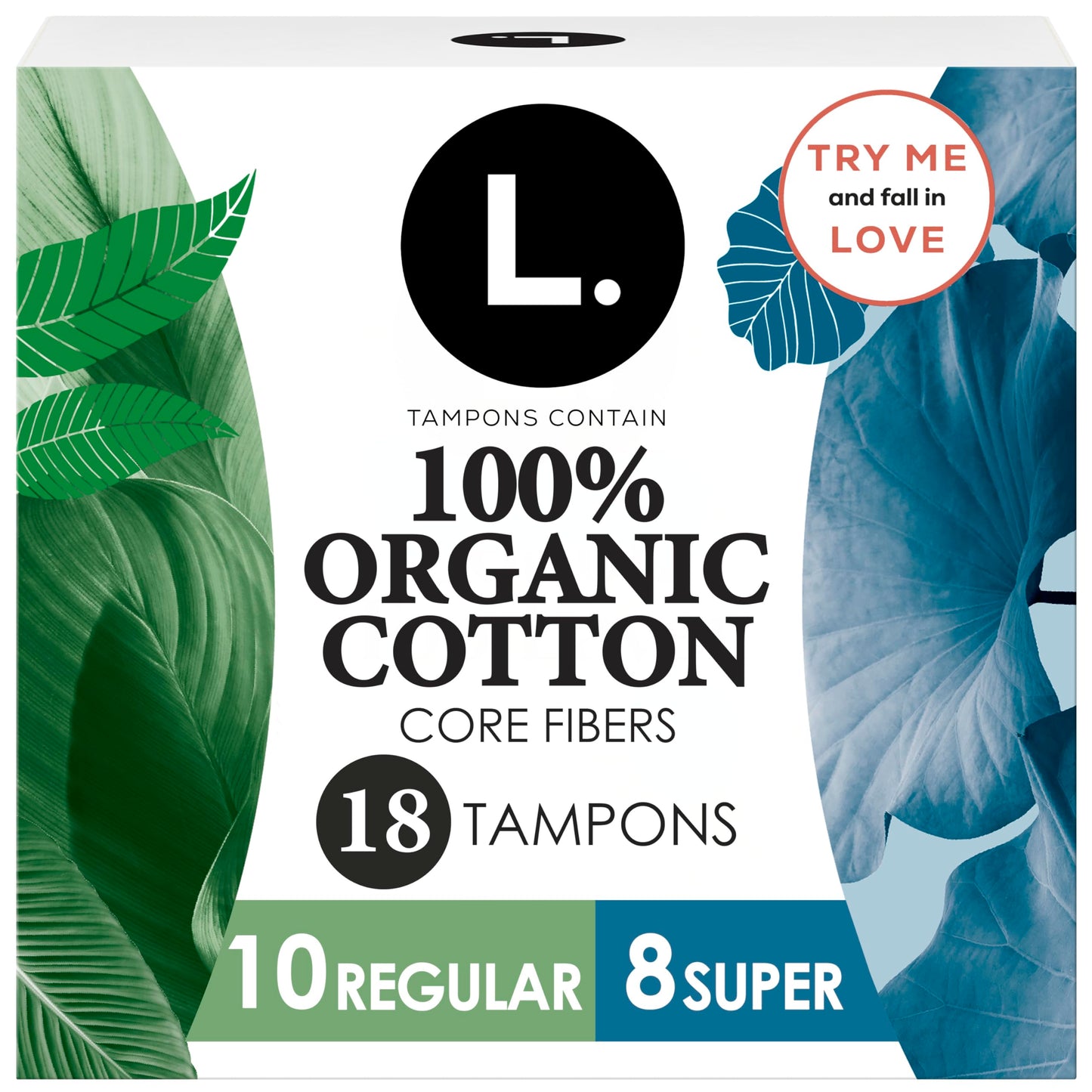 L. Tampons, Made with Organic Cotton, Regular/Super Absorbency, Multipack, Made Without Synthetic Pesticides, Rayon or Fragrances, Applicator Made Without BPA, Leak-Stopping Design, 18 Count