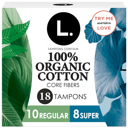 L. Tampons, Made with Organic Cotton, Regular/Super Absorbency, Multipack, Made Without Synthetic Pesticides, Rayon or Fragrances, Applicator Made Without BPA, Leak-Stopping Design, 18 Count