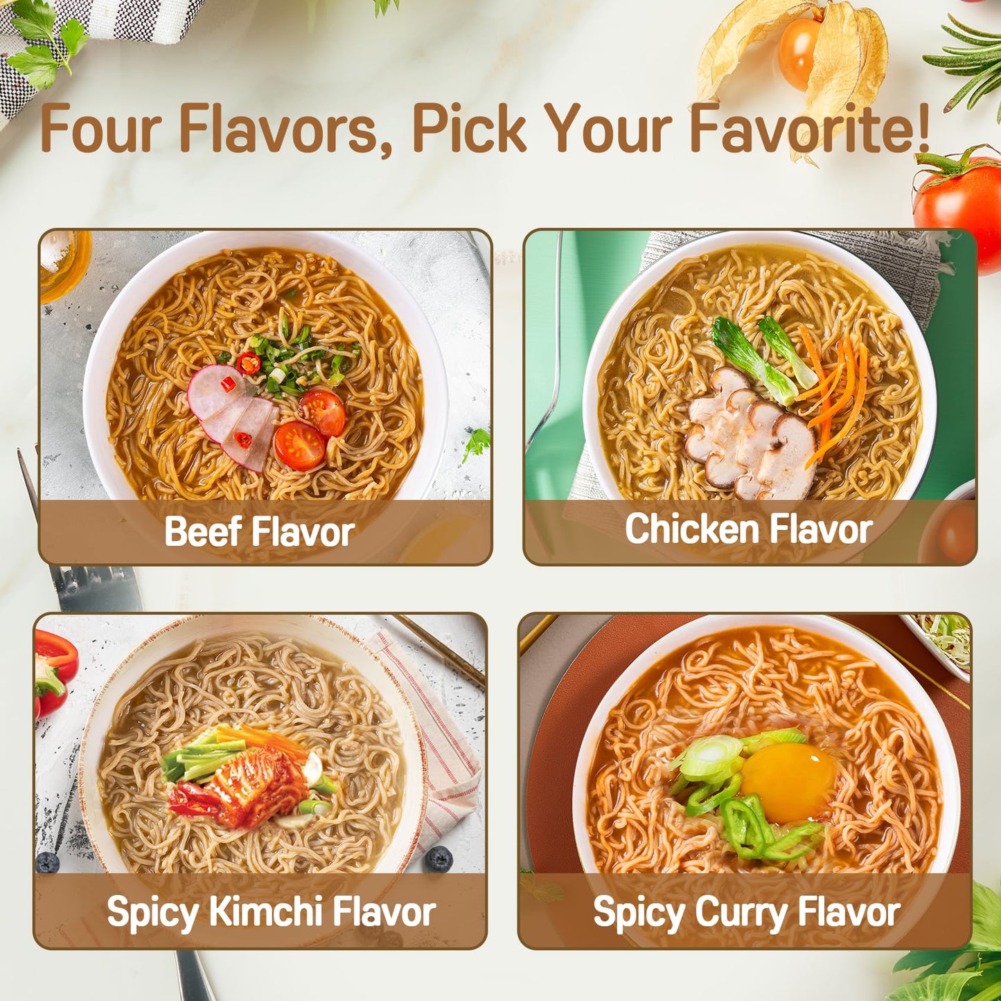 Hethstia High Protein Ramen Noodles Variety Pack - Chicken, Spicy ”Beef, Kimchi, Curry”, 26g Plant-Based Protein Vegan Noodles, 8 Pack | Low Sugar, Low Fat, Non-Fried, Non-GMO, Healthy Asian Meal